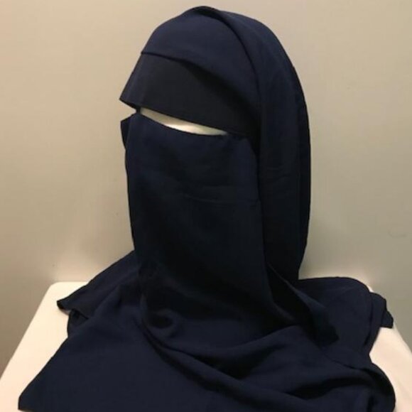 3 Layer Niqab Long BLUE Veil Muslim Hijab - Picture 3 of 4